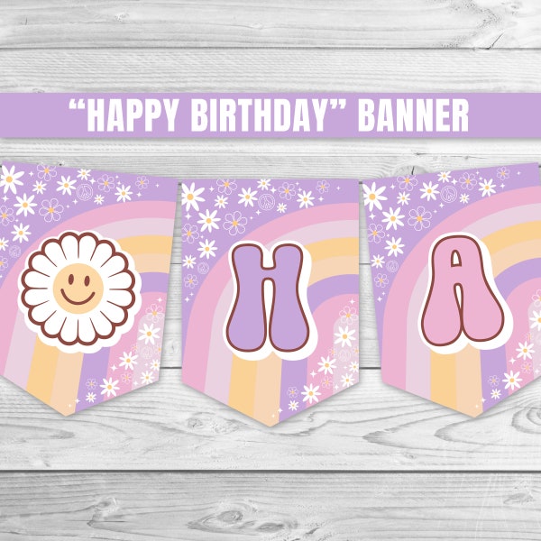 Groovy Happy Birthday Banner Retro Floral 70's Hippie Birthday Banner Groovy Rainbow Banner Groovy Garland Daisy Birthday Banner 0170