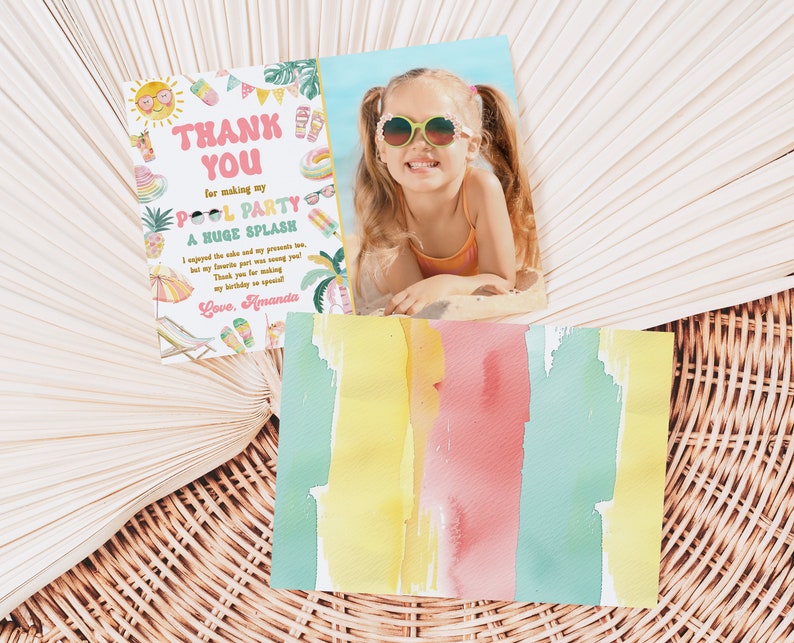 Editable Pool Party Thank You Card Tropical Splish Splash Pool Party ...