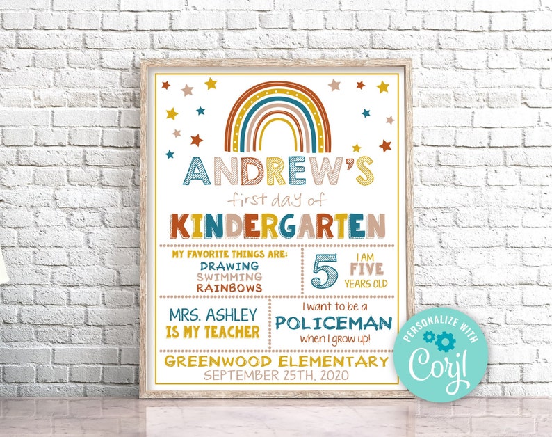 Editable First Day of Kindergarten Sign, Boho Rainbow First Day of School Sign, Rainbow First Day Of Kindergarten Sign Instant Download 0141 image 1