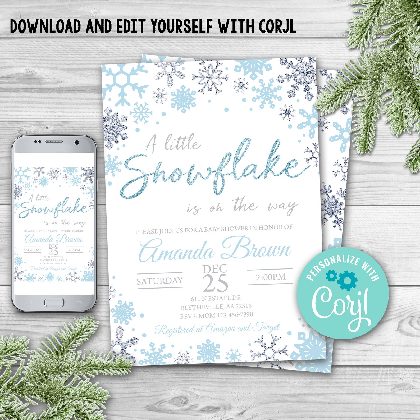 EDITABLE Snowflake Baby Shower Invitation Set. Winter Baby - Etsy