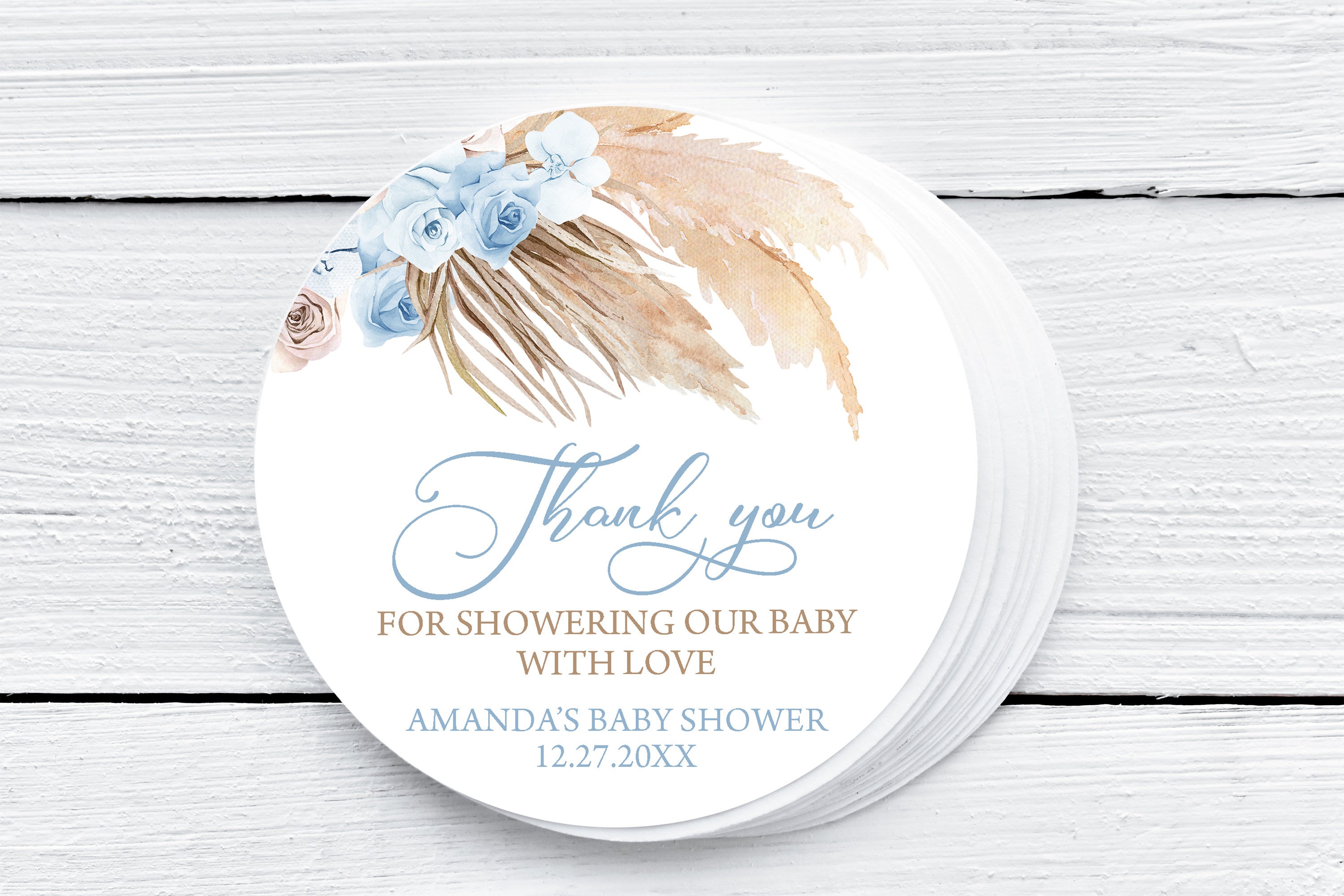 EDITABLE Blue Pampas Grass Baby Shower Favor Tag Bohemian Thank You ...