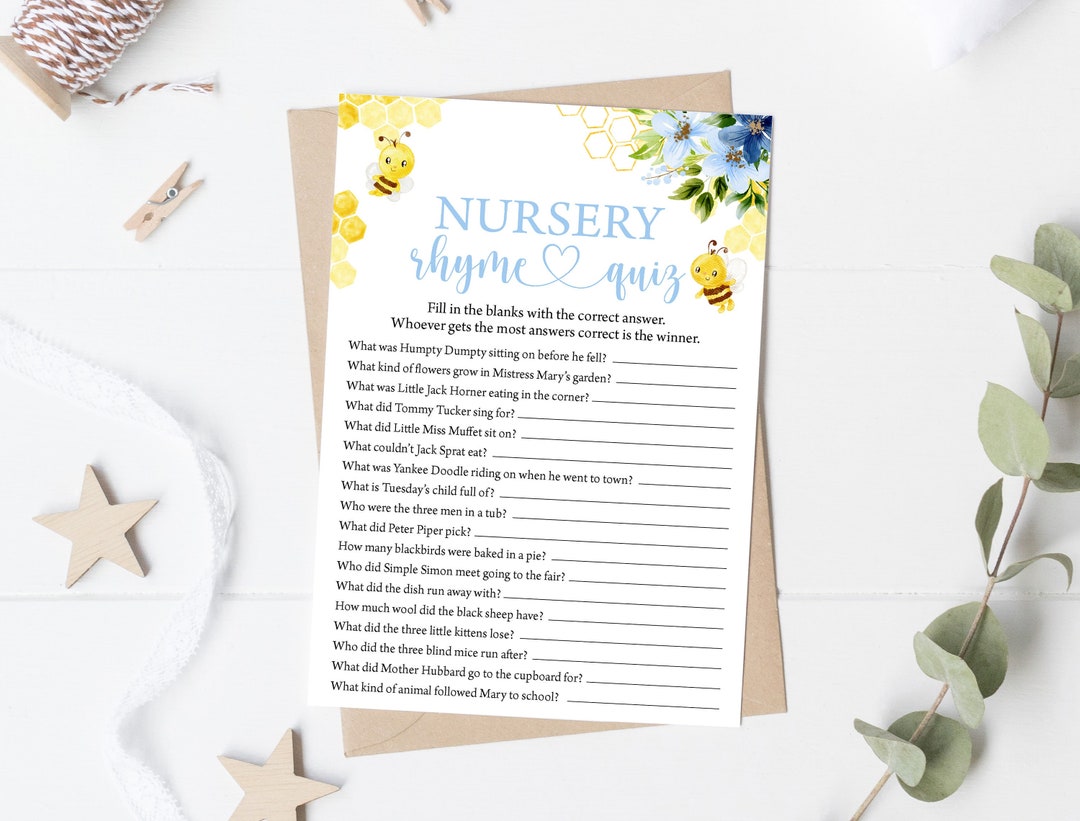 Bee Nursery Rhyme Baby Shower Game Honey Bee Nursery Rhyme Quiz Game ...