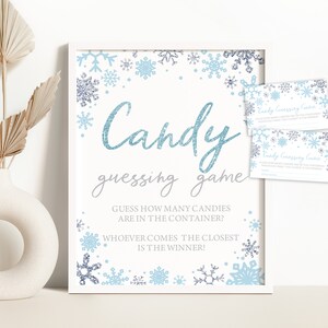 Fiocco di neve Gioco Baby Shower Cartello e carte con risposta Quante caramelle ci sono nel contenitore Indovina quante caramelle Cartello Baby Shower 0103
