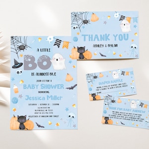 Editable Halloween Baby Shower Invitation Set A Little Boo is Almost Due Halloween Baby Shower Pack Cute Blue Ghost Baby Shower Package 0181