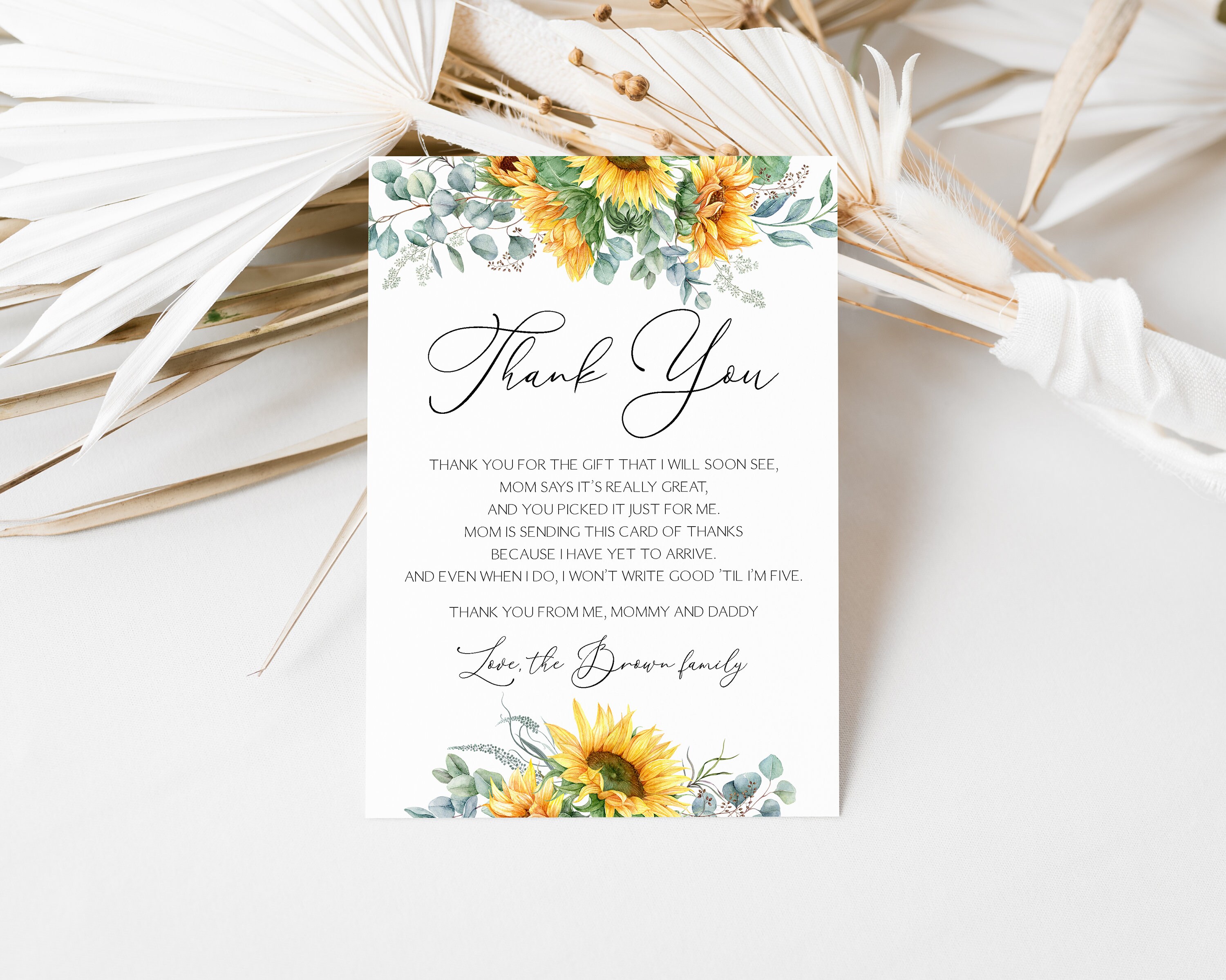 Editable Sunflowersthank You Card Rustic Sunflower Thank You Card Boho ...