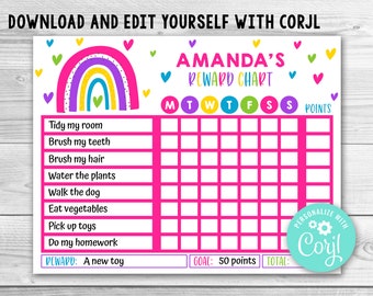 Bearbeitbares Mädchen Regenbogen Belohnung Diagramm für Kinder, Regenbogen Routine Diagramm, Regenbogen Kinder Aufgaben Diagramm, Regenbogen Aufgaben Diagramm für Kinder Aufgaben 0141