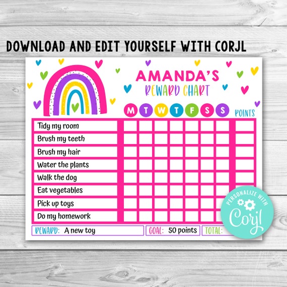 Editable Girl Rainbow Reward Chart For Kids, Rainbow Routine Chart.