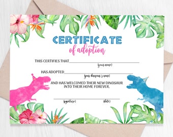 Dinosaur Adoption Certificate, Printable Dino Party Favor (Digital Download)