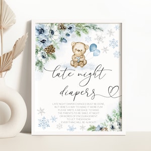 Winter Bear Late Night Diapers Baby Shower Sign Holiday Baby Shower Late Night Diapers Sign Winter Wonderland Baby Shower Game Sign 0185