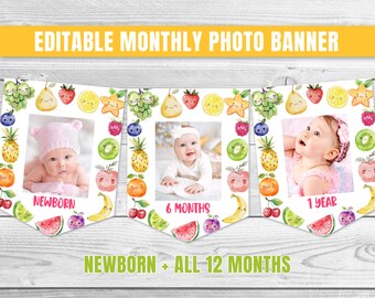 Könnte beinhalten: Ein farbenfrohes, editierbares monatliches Fotobanner mit Fruchtdarstellungen. Das Banner enthält Bereiche für Fotos mit den Bezeichnungen "Neugeborenes", "6 Monate" und "1 Jahr". Der Text "Neugeborenes + Alle 12 Monate" ist ebenfalls vorhanden.
