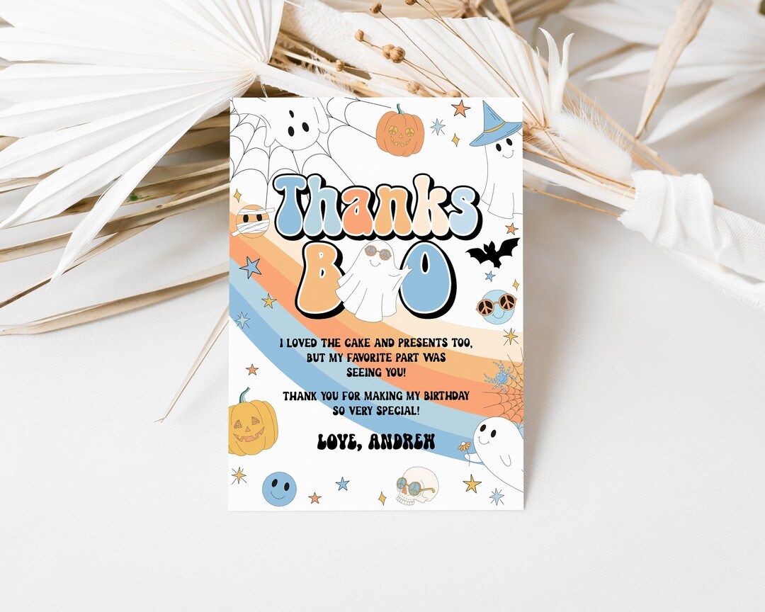 Editable Spooky Halloween Thank You Card Blue Retro Groovy Rainbow ...
