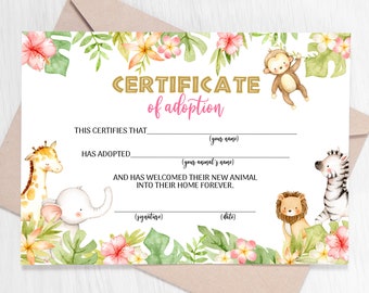 Adopt an Animal Adoption Certificate Safari Animals Adoption Wild One Birthday Printable Safari Adoption Certificate Zoo Party Jungle 0107