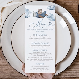EDYTOWALNY Samolot Miś Baby Shower MENU Miś w samolocie Nie możemy się doczekać Baby Shower Niebieski samolot Leć wysoko Menu Baby Shower 0209