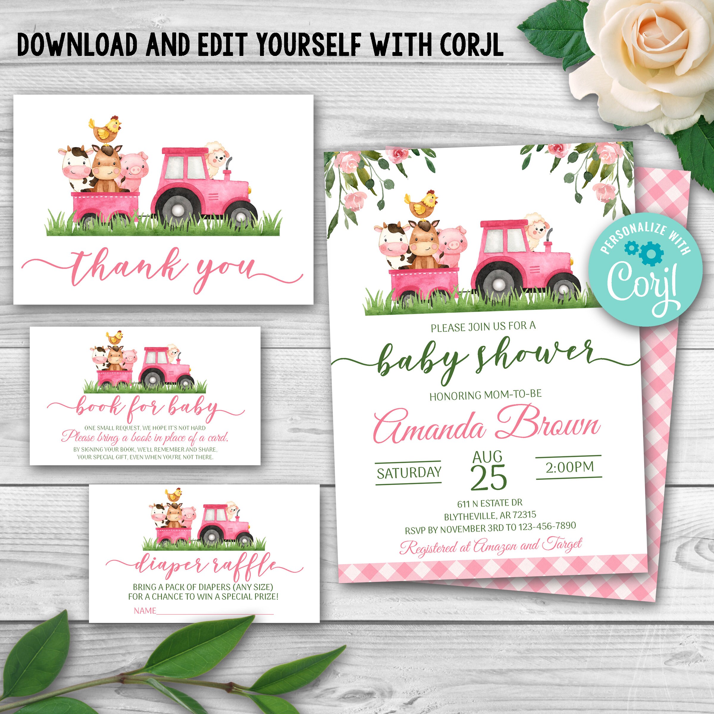 Editable Farm Animal Baby Shower Invitation Set, Pink Farm Baby Shower Invitation Pack, Girl Barnyard Baby Shower Farm Tractor Package 0106