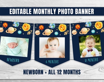 Editable Outer Space Birthday Banner Monthly Photo Banner Planets Outer Space Garland Boy Galaxy Party First Trip Around Sun 0142