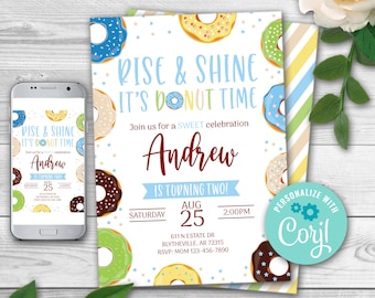 Editable Rise and Shine Donut Time Birthday Invitation, Birthday Party Blue Boy Doughnut Invitation, Donut Birthday Party Invitation 0105