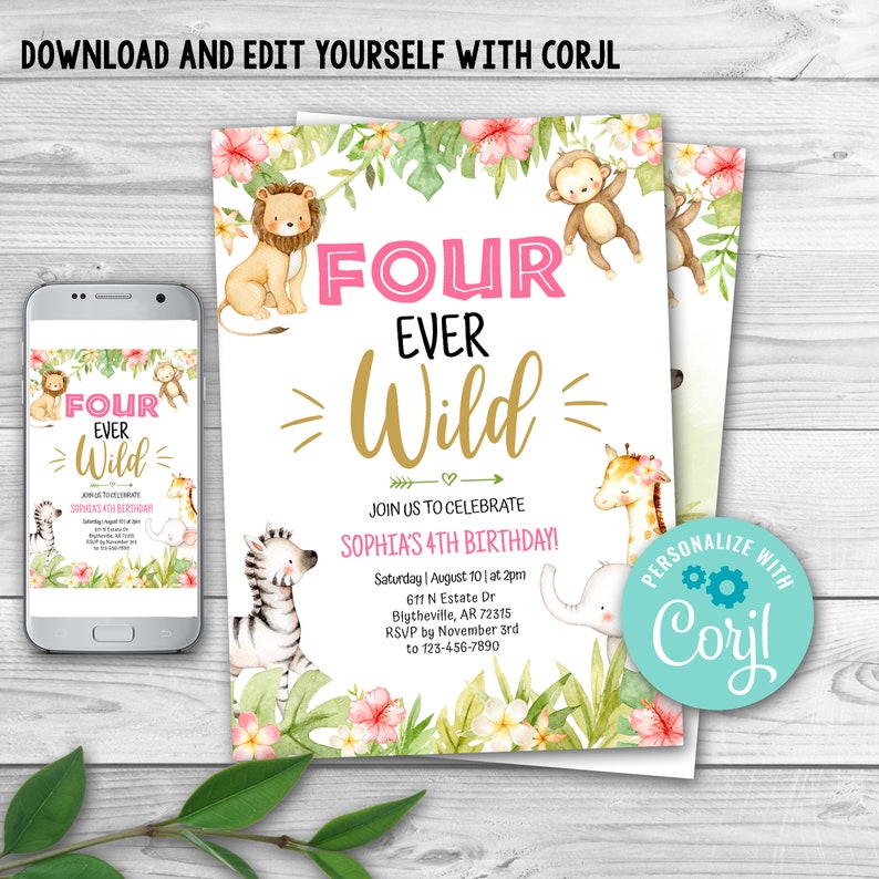 Download EDITABLE Four Ever Wild Birthday Invitation Girl Safari ...
