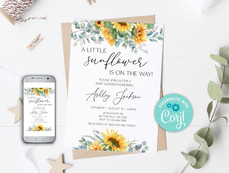 Sunflower Baby Shower Invitation EDITABLE Watercolor Etsy