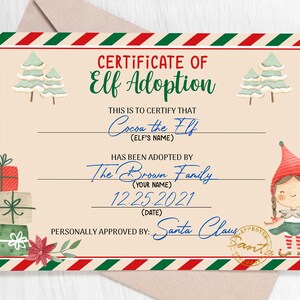 Adopt an Elf Certificate, Girl Elf Adoption Certificate, Christmas Printable  0139