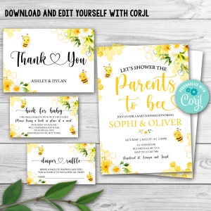 Bewerkbare Bee baby shower uitnodiging set mama tot Bee gele bloemen baby shower uitnodiging Pack Honey Bee genderneutrale baby shower set 0148
