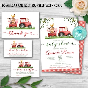 Editable Farm Animal Baby Shower Invitation Set, Red Farm Baby Shower Invitation Pack, Boy Barnyard Baby Shower Farm Tractor Package 0106