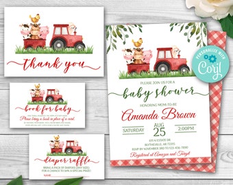 Editable Farm Animal Baby Shower Invitation Set, Red Farm Baby Shower Invitation Pack, Boy Barnyard Baby Shower Farm Tractor Package 0106