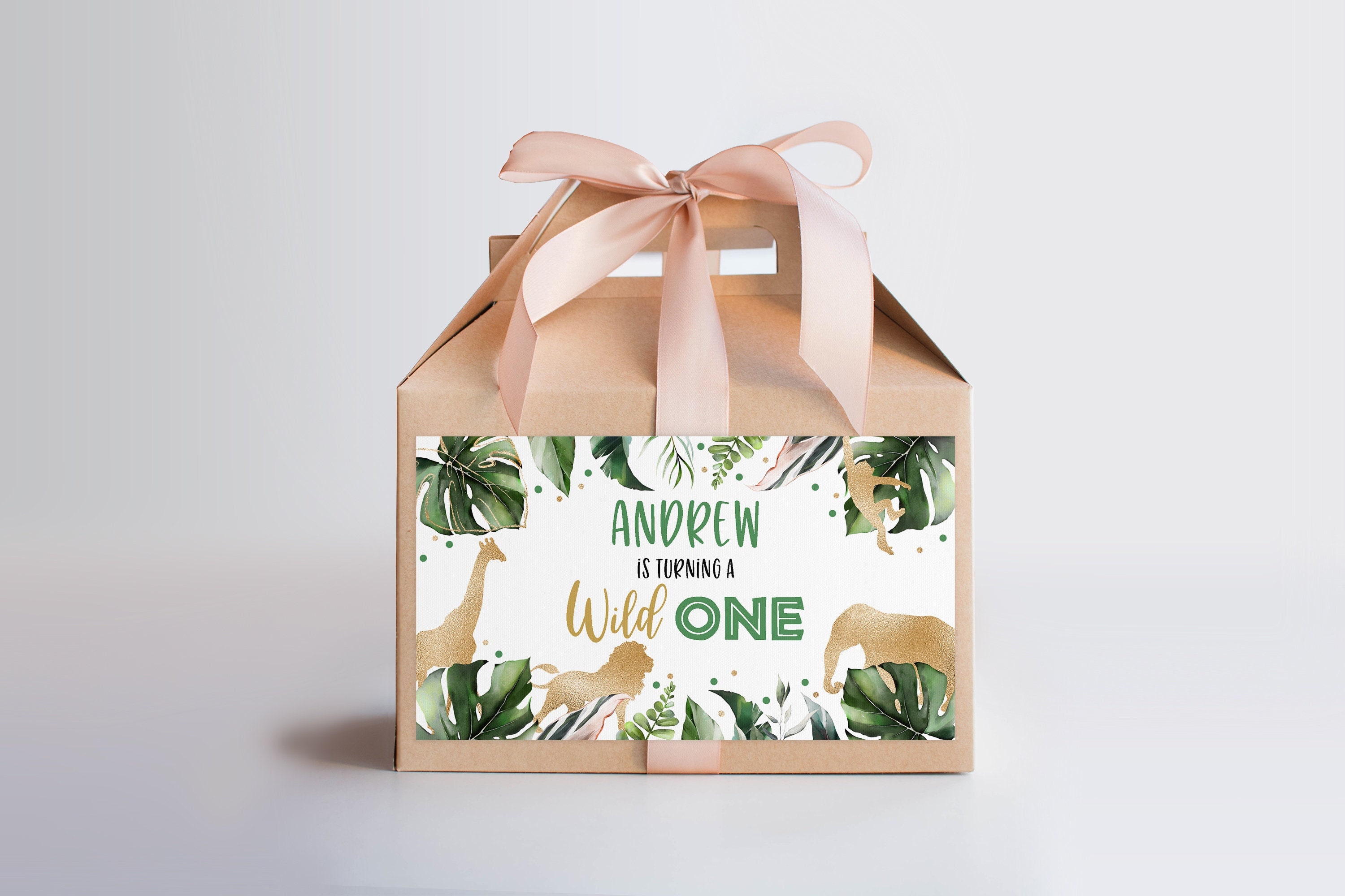 EDITABLE Safari Animals Gable Box Favor Labels Party Animals Wild One Party Favor Wild Animals Gable Gift Box Labels Gold Jungle Party 0101