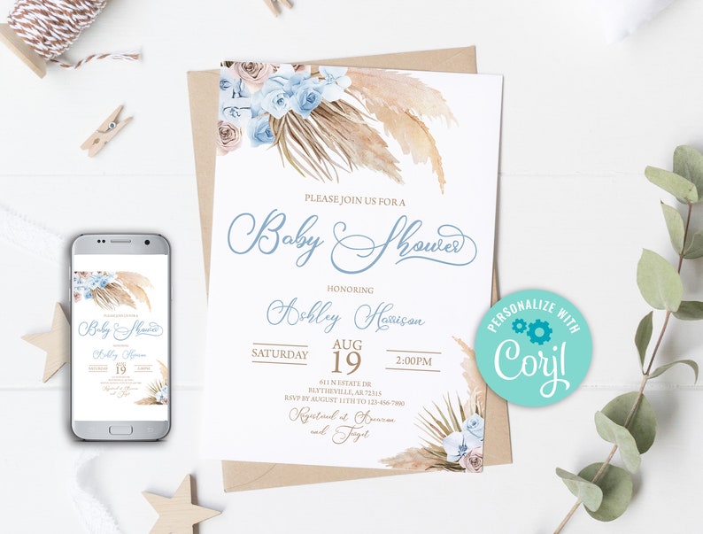 EDITABLE Blue Pampas Grass Baby Shower Invitation Boy Boho Baby Shower ...