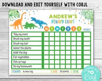 Editable Dinosaur Reward Chart for Kids, Dinosaur Routine Chart, Dinosaur Kids Chore Chart, Printable Dino Chore Chart for Kids Chores