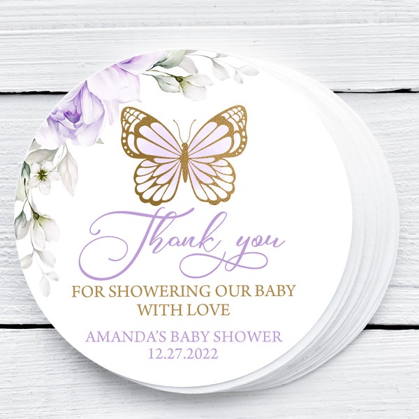 EDITABLE Butterfly Baby Shower Favor Tag Butterfly Thank You Tags Floral Purple & Gold Butterfly Custom Tags Butterfly Shower Favors 0164