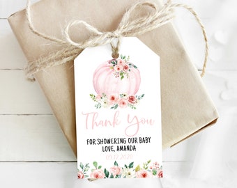 EDITABLE Pumpkin Thank You Tags, Blush Floral Pumpkin Favor Tag, Pink Pumpkin Gift Tags, Autumn Pumpkin Baby Shower Favor Tag 0125