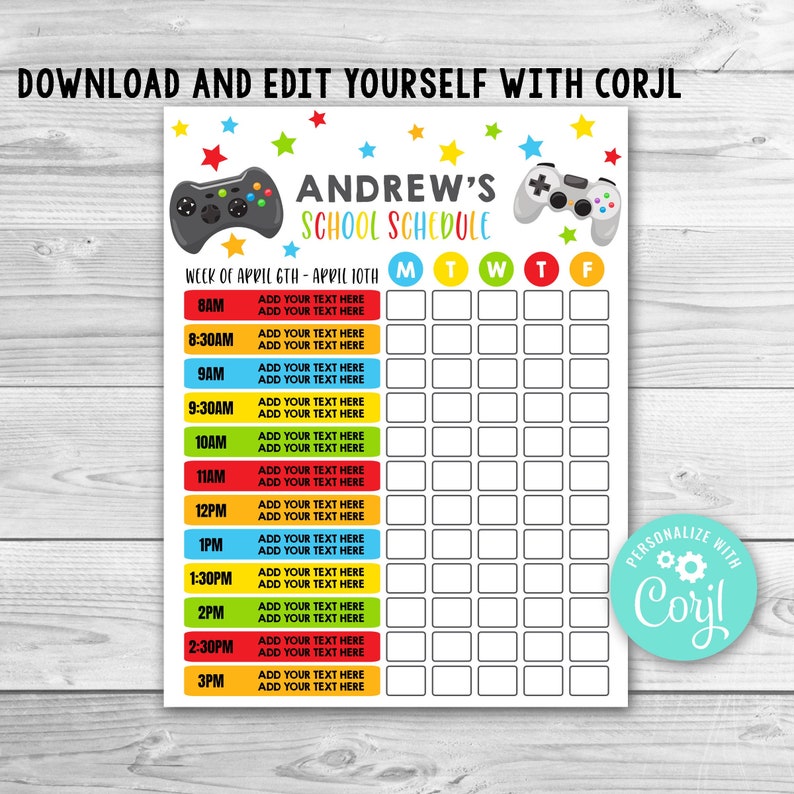May include: A printable school schedule template with a video game theme. The schedule is for the week of April 6th to April 10th. It has a space for each day of the week, Monday through Friday, and time slots from 8:00 AM to 3:00 PM. The template is customizable with text boxes for adding names, activities, and other information. The template features a colorful design with stars, game controllers, and a blue, red, yellow, and green color scheme.