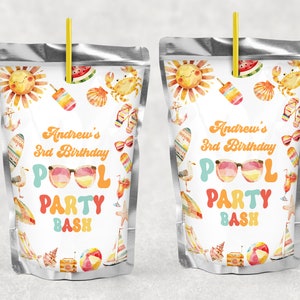 EDITIERBARE Pool Party Saft Beutel Etiketten Splash Pad Wasserrutsche Planschbecken Sommerparty Saft Etiketten Sommer Pool Party Geburtstag 0229