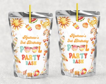 May include: Two silver juice boxes with colorful designs for a pool party. The boxes have a straw sticking out of the top and feature a sun, watermelon, seashells, flip flops, a crab, a surfboard, a seagull, sunglasses, a cocktail, a starfish, a beach umbrella, a beach ball, and a radio. The text on the boxes reads "Andrew's 3rd Birthday Pool Party Bash".