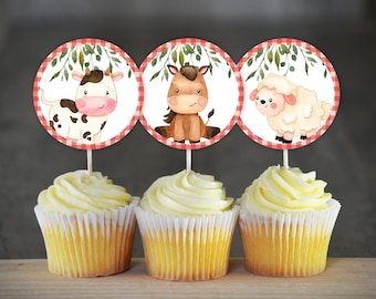 Farm Baby Shower Cupcake Toppers Farm Birthday Party Decoration Boy Farm Animals Cupcake Toppers Red Farm Animals Barnyard Decoration 0106