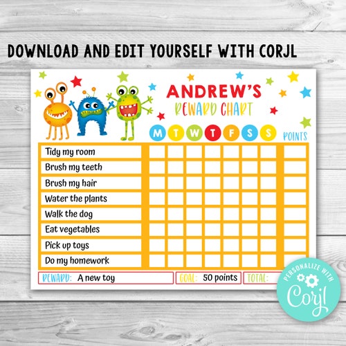 Bewerkbare beloningskaart met monsters voor kinderen (digitale download)