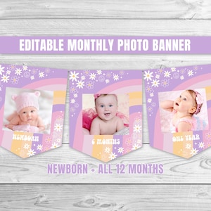 Editable Groovy Birthday Monthly Photo Banner Groovy One 1st Birthday Monthly Banner Rainbow Peace Love Party Birthday Banner 0170