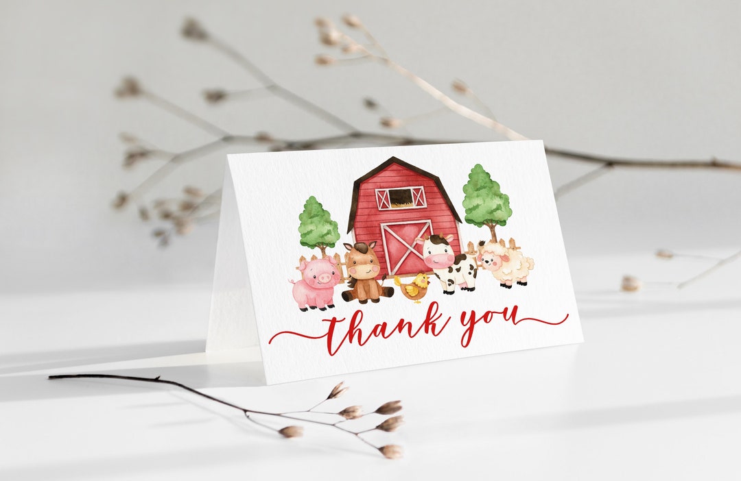 Editable Farm Thank You Folded Card Red Farm Baby Shower Thank You Farm ...