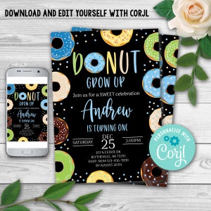 Editable Donut Grow Up Birthday Invitation, First Birthday Party Blue Boy Doughnut, Donut 1st Birthday Party Invitation 0105