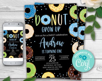 Editable Donut Grow Up Birthday Invitation, First Birthday Party Blue Boy Doughnut, Donut 1st Birthday Party Invitation 0105