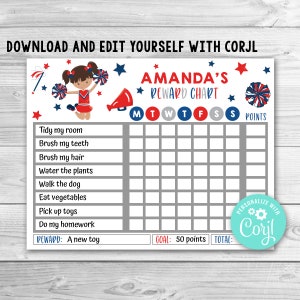 May include: A printable reward chart for kids featuring a cheerleader theme. The chart has a space for a child's name, a list of chores, a calendar grid, and a points system. The chart is decorated with red, white, and blue stars, pom-poms, and a megaphone.