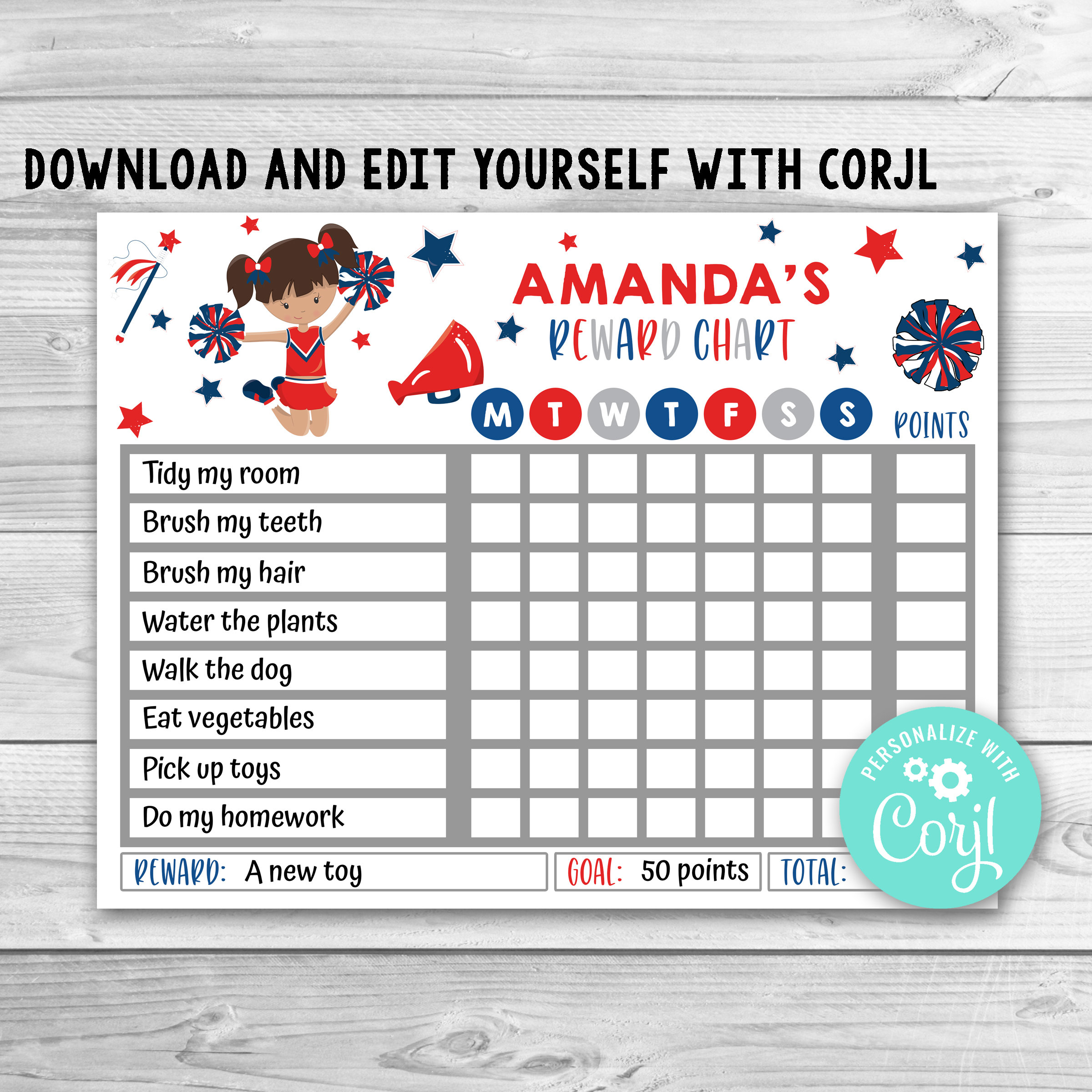 Editable Cheerleading Reward Chart for Kids Cheerleader Etsy Australia