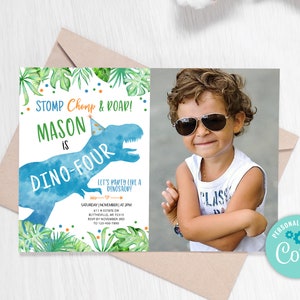 EDITABLE Dino-Four Dinosaur Birthday Invitation Boy Dino T-Rex Invitation Fourth Birthday Dino Invite Blue Dinosaur Party Invitation 0236