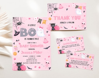 May include: Pink and black Halloween baby shower invitation with a ghost, bats, spiders, and pumpkins. The invitation says "A Little Boo is Almost Due" and includes the date, time, and location of the shower. It also says "Join us for a Baby Shower Honoring Jessica Miller".