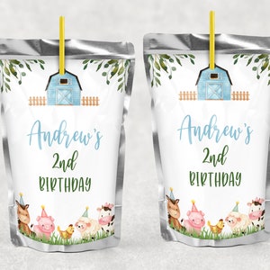 EDITABLE Farm Animals Juice Labels Farm Juice Pouch Labels Blue Farm Juice Label Barnyard Party Boy Farm Juice Labels 0106
