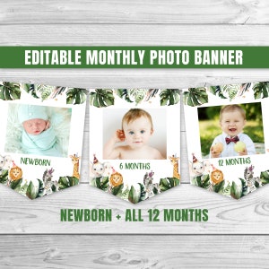 Editable Safari Birthday Banner Monthly Photo Banner WILD Animal Garland Jungle Animal Gender Neutral Photo Banner Jungle Party Decor 0130