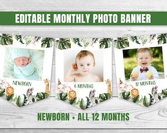 Editable Safari Birthday Banner Monthly Photo Banner WILD Animal Garland Jungle Animal Gender Neutral Photo Banner Jungle Party Decor 0130