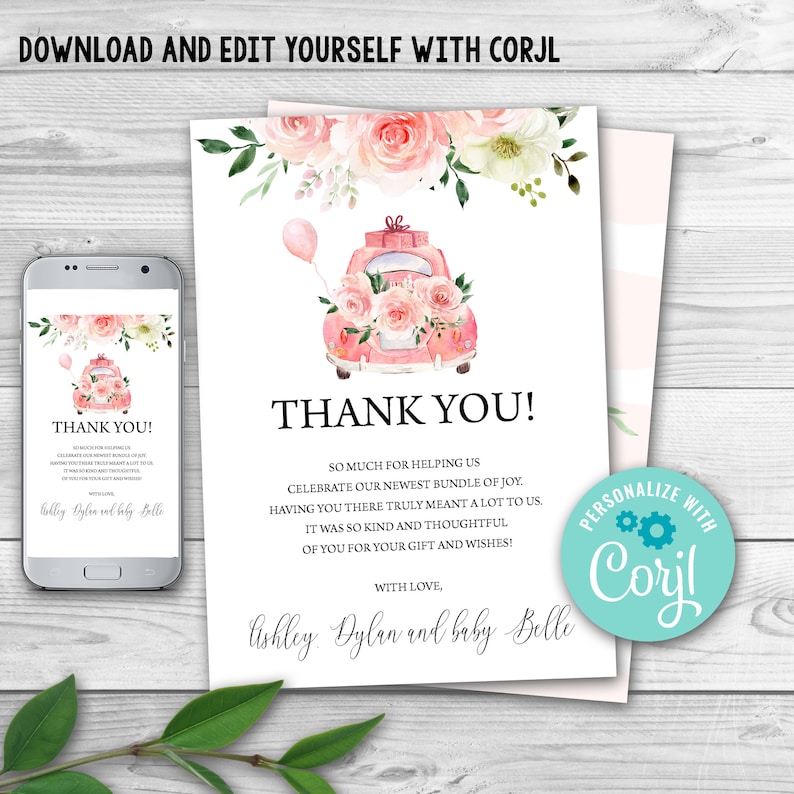 Virtual Baby Shower 0110 Drive By Baby Shower Thank You Card Pink Floral Drive Through Baby Shower Thank You Social Distancing Shower