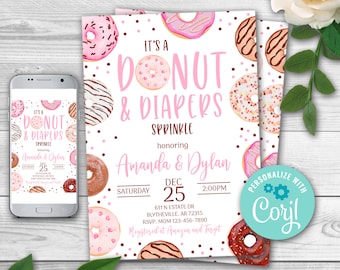 Editable Donut and Diapers Sprinkle Invitation. Pink Donut, Baby Girl Shower, Baby Shower Coed Shower, Donut Baby Shower Invitation 0105