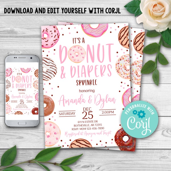 Editable Donut and Diapers Sprinkle Invitation. Pink Donut, Baby Girl Shower, Baby Shower Coed Shower, Donut Baby Shower Invitation 0105